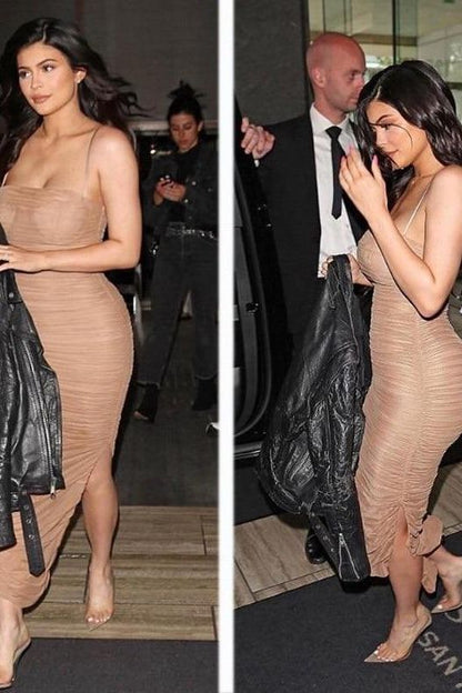 Tan Brown Spaghetti Strap All Over Ruched Bodycon Midi Dress